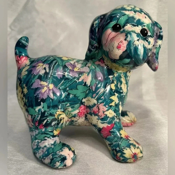 7" Floral Decoupage Porcelain Patchworks Puppy Dog Figurine by Joan Baker Design - Picture 1 of 5